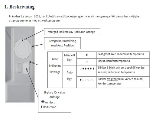Instruktionsbild för termostat med temperaturvred, brytare i komfortläge och indikering för driftläge.