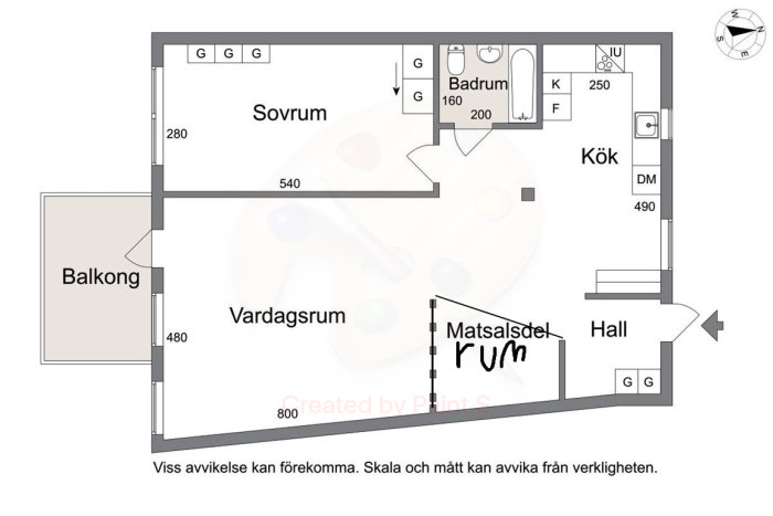 Planritning av en lägenhet med markerad potential för ett barnrum i matsalsdelen, inklusive måttangivelser.