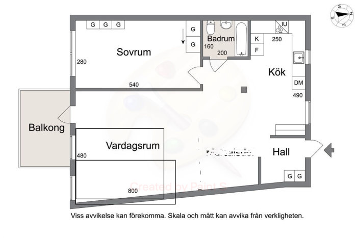 Ritning av en lägenhetsplanlösning som visar sovrum, vardagsrum, kök, badrum och hall med måttangivelser.