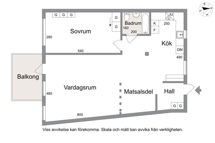 Planritning av en lägenhet med markerade rum som sovrum, badrum, kök, vardagsrum och matsalsdel.