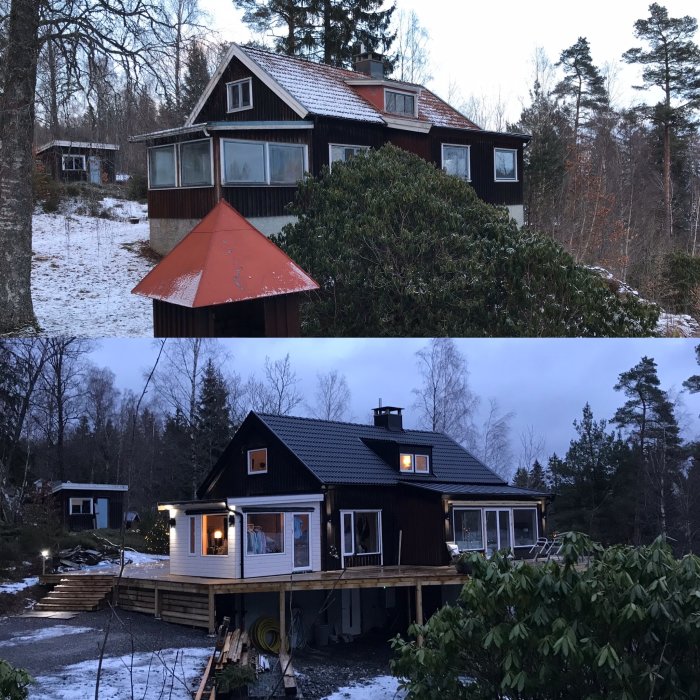 Före och efter renovering av ett gammalt hus från 1936, omgiven av träd och snö.