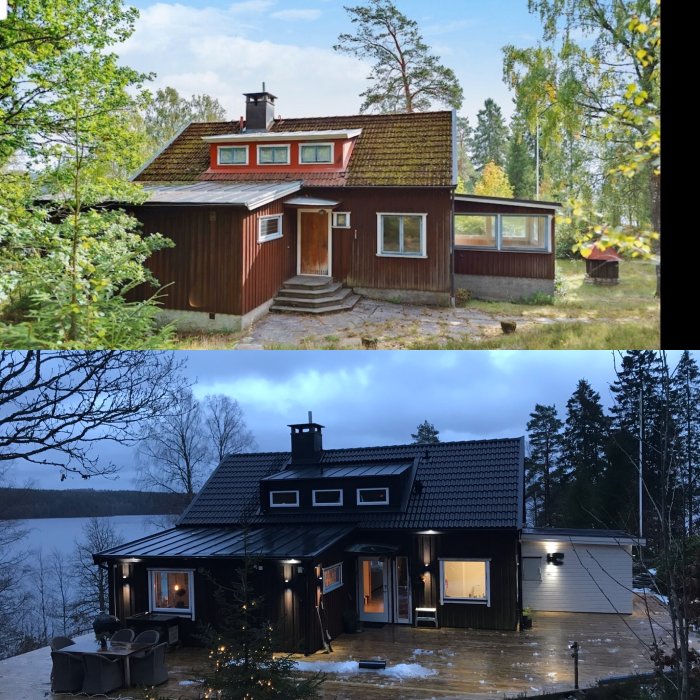 Före och efter renovering av ett hus från 1936, med övergivet tillstånd och upprustat modernt utseende.