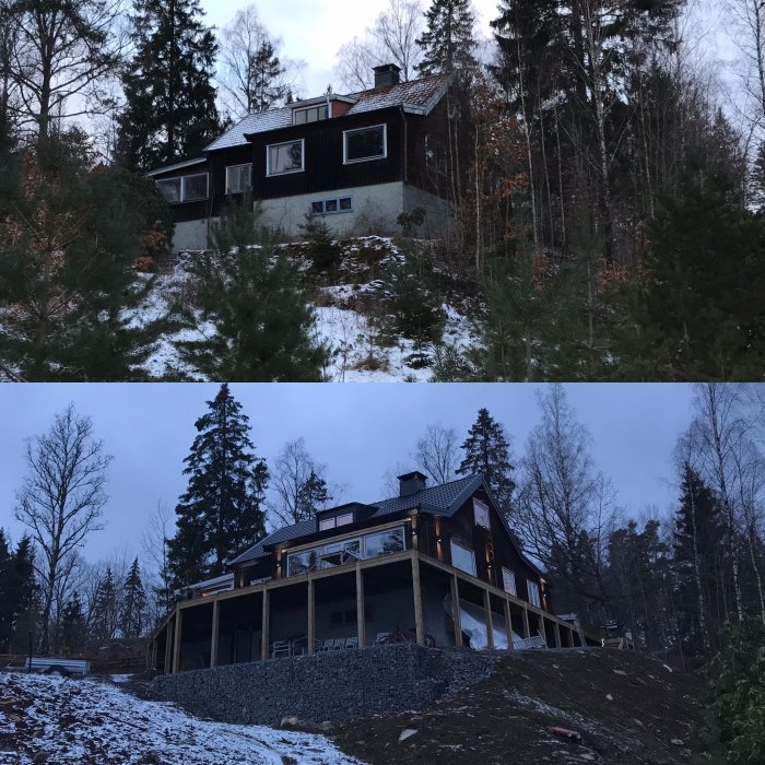 Renoverat hus från 1936 före och efter upprustning, omgivet av skog under vinter.