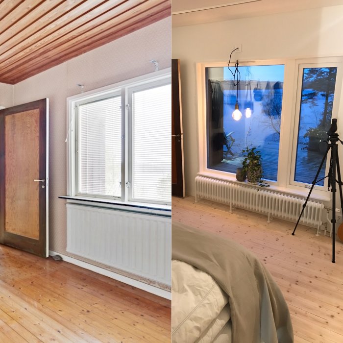 Renoverat sovrum före och efter i äldre hus med trägolv, vitmålade väggar och sjöutsikt.