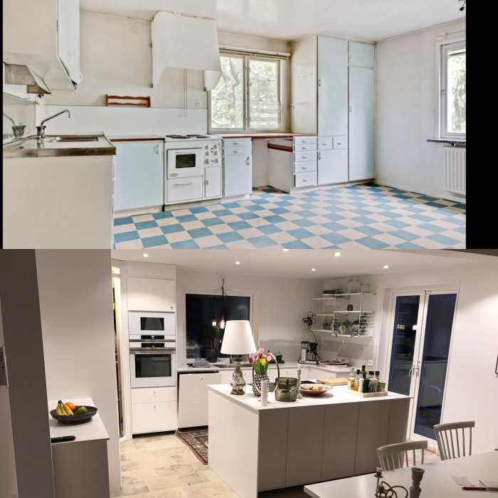 Före- och efter-bilder av en köksrenovering i ett hus från 1936.