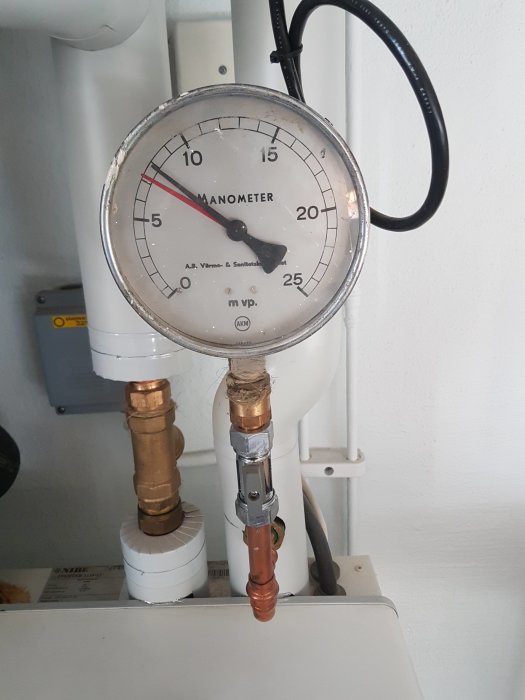 Manometer som visar vattentryck i ett uppvärmningssystem installerat i en vägg.