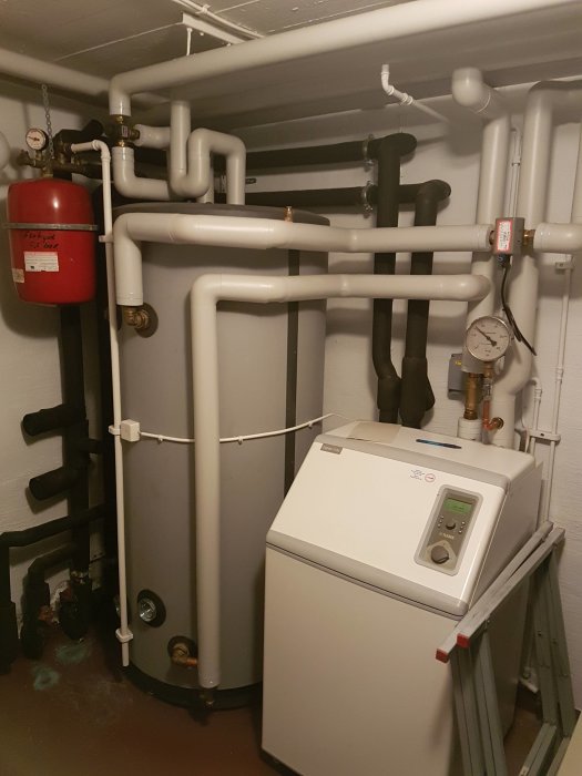 Värmesystem med expansionskärl, pannor, rör och en värmepump i ett källarutrymme.