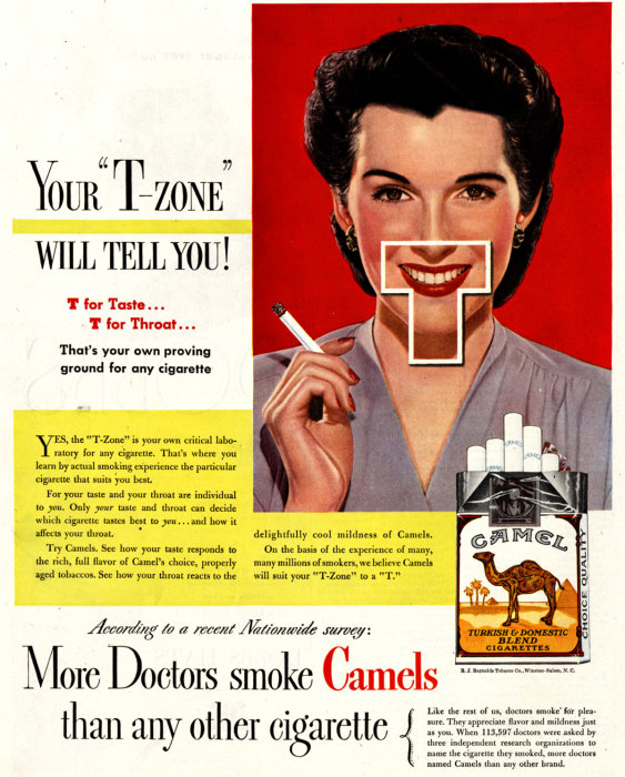 Gammal reklamaffisch som visar en leende kvinna med en cigarett, text "More Doctors smoke Camels".