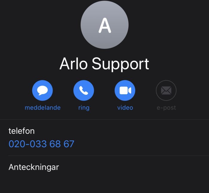 Kontaktinformation för Arlo Support med telefonnummer och ikoner för meddelande, ring, video och e-post.