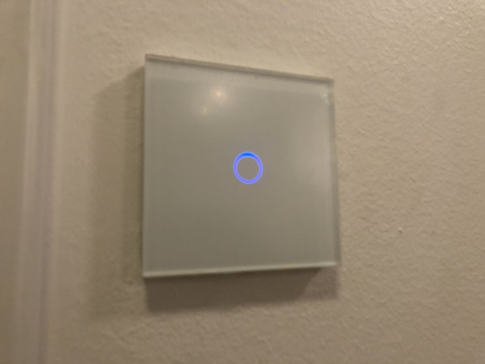 Enkelknäppt ljusbrytare på vägg med upplyst blå ring.