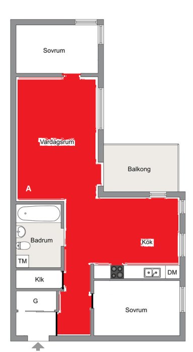 Ritning av lägenhetsplan med markerad riktning för parkettläggning från hörnet A, genom rum och kök.