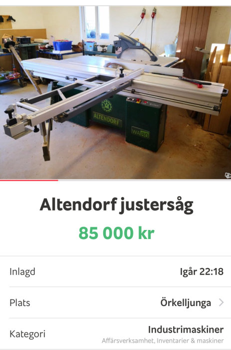 Altendorf justersåg i verkstadsmiljö med priset 85 000 kr synligt.