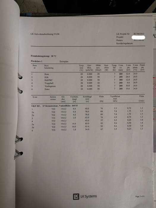 Pappersutskrift i pärm med teknisk information om värmesystem inställt på 20 grader för olika rum.