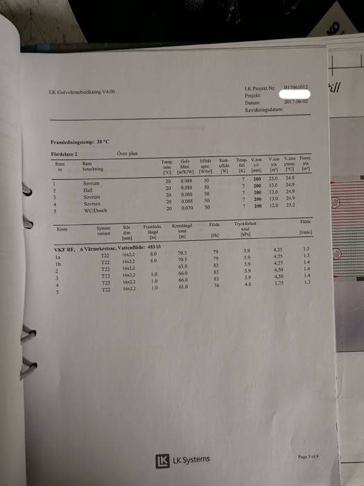 Bild på ett dokument från LK Systems med information om golvvärmeinställningar och värden som temperatur och flöde.