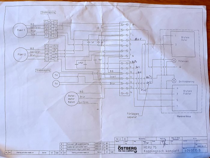 Elektriskt kopplingsschema för Östberg HERU 75 ventilationsaggregat från 2002.