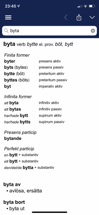 Skärmdump av sökresultat för verbböjningar av det svenska verbet "byta" på en digital ordbok.