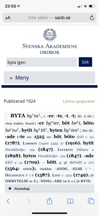 Skärmbild av en ordboksartikel för ordet "byta" från Svenska Akademiens Ordbok på saob.se.