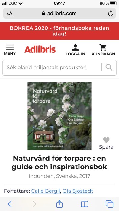 Skärmbild av en bok på Adlibris med titeln "Naturvård för torpare" som visar ett rött hus och blommande träd.