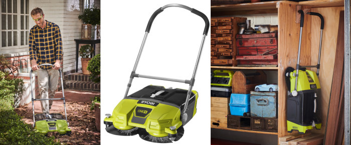 Ryobi R18SW3-0 batteridriven sopmaskin i användning, närbild och upphängd på vägg.