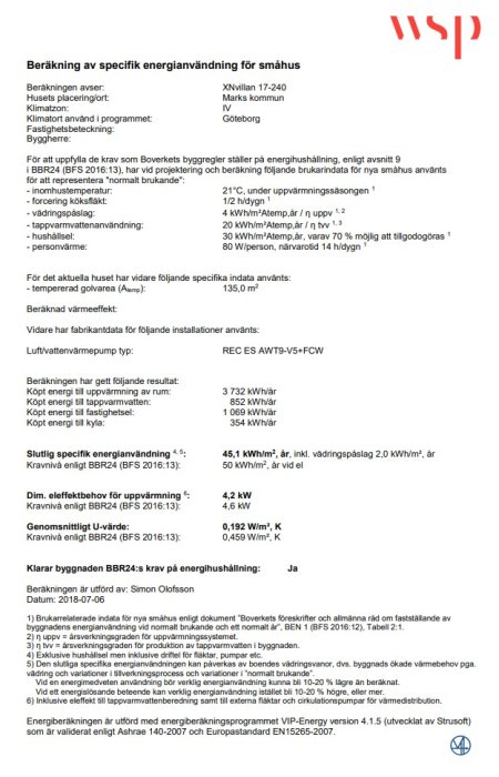 Dokument med en beräkning av specifik energianvändning för småhus som visar energiförbrukning och isoleringseffektivitet.