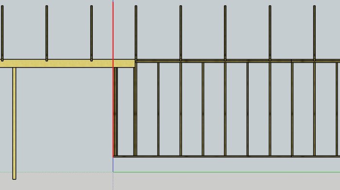 Schematisk ritning av garagetakstolar med en planerad förändring markerad i rött.