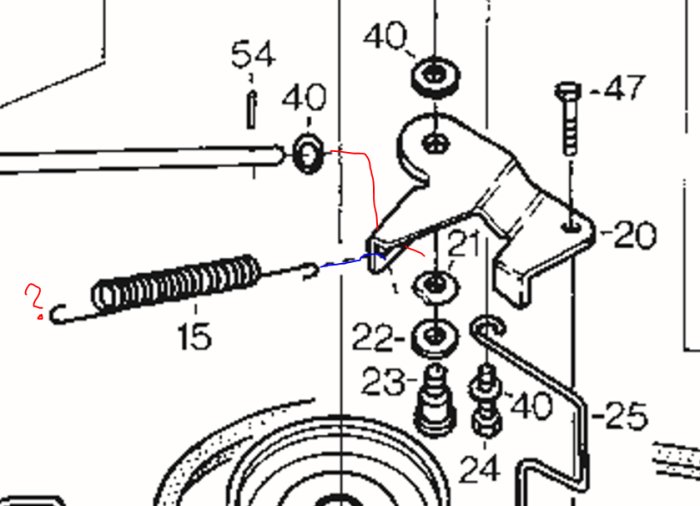 Teknisk ritning av en maskindel med ifrågasatta positioner för en fjäder och del nummer 50.