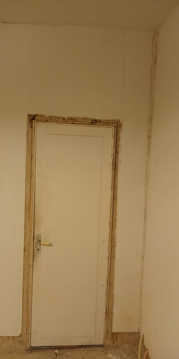 Ett gammalt rum med skadad puts och en synlig vit dörr, förberett för renovering.