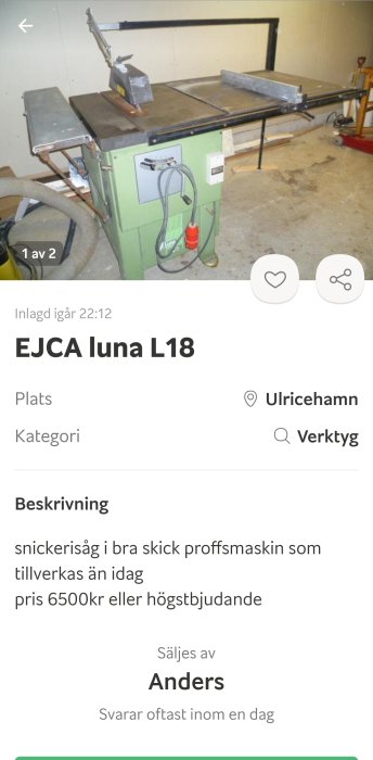 Grön snickerisåg av märket EJCA Luna L18 till salu, uppställd i ett verkstadsutrymme.