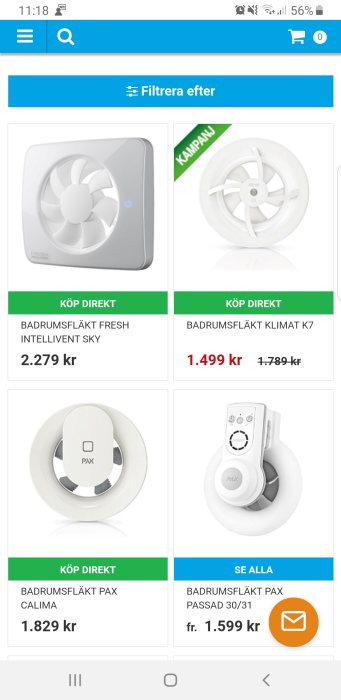 Fyra olika modeller av badrumsfläktar med priser och "köp direkt"-knappar från en webbutik.