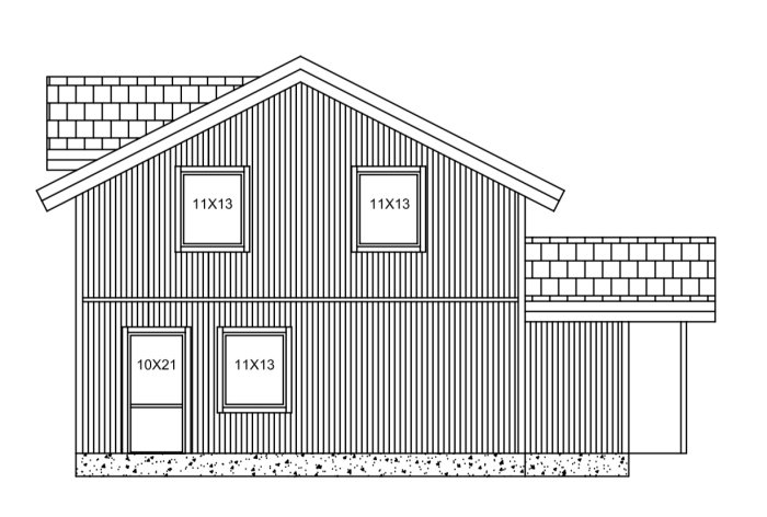 Uppdaterad ritning av ett hus med måttangivelser för fönster och detaljer som panel och takpannor.