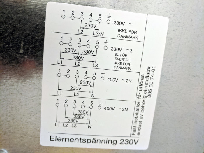 Etikett som visar olika kopplingsscheman för elements spänningar med beteckningar och anvisningar för installation, ej för Danmark.