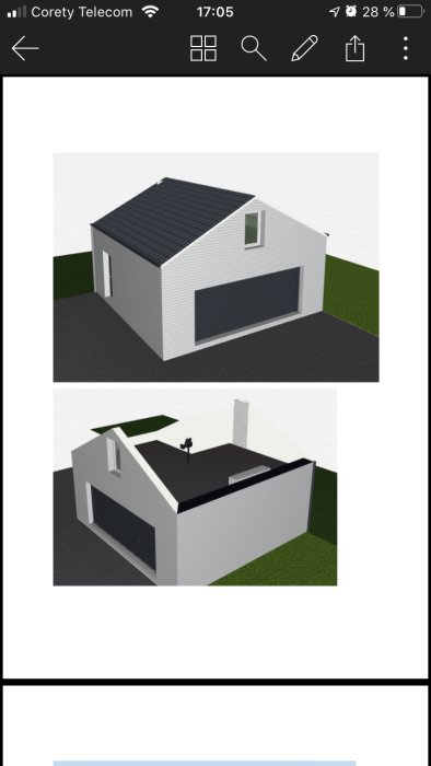 3D-konceptbild av ett modernt enfamiljshus med garage, i två vinklar, mot en digital vit bakgrund.