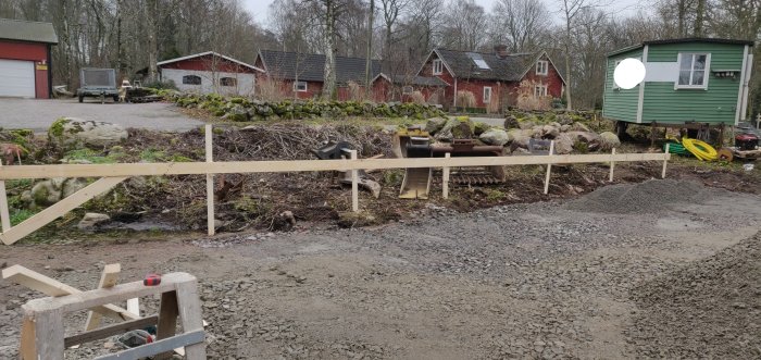 Trädgårdstomt med profiler och utspända snören som förberedelse för ett byggprojekt.