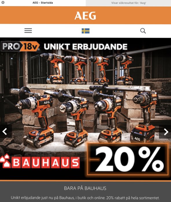 Reklambild med AEGs verktyg och texten "20% RABATT" på Bauhaus, men erbjudandet är ifrågasatt i inlägget.