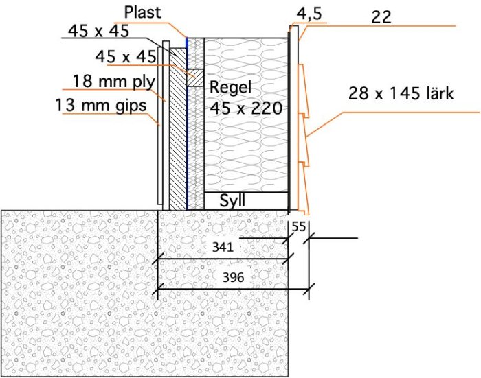 Skiss av en väggkonstruktion för nybyggnad med angivna mått och material, inklusive isolering, reglar och kommande gips samt plywood.