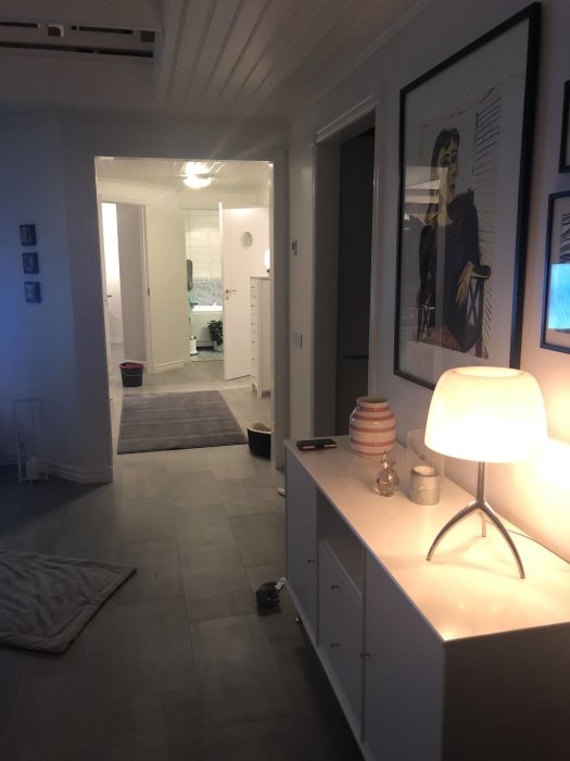 En bostadsinteriör med öppna dörrar som leder till olika rum och inredningsdetaljer i korridoren.