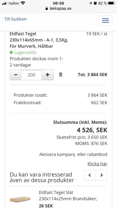 Skärmdump av webbutik som visar pris för eldfast tegelsten, total kostnad och fraktkostnad.