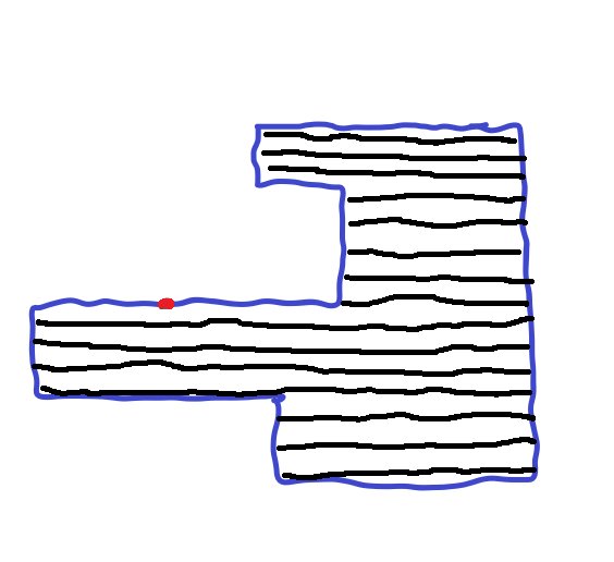 Schematisk skiss av golvvärmeinstallation i ett oregelbundet format rum med svarta linjer för reglar och en röd punkt för genomföring.