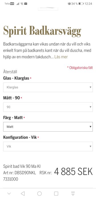 Skärmdump av en webbsida som visar information om en Spirit badkarsvägg med valmöjligheter för glas, mått, färg och konfiguration.