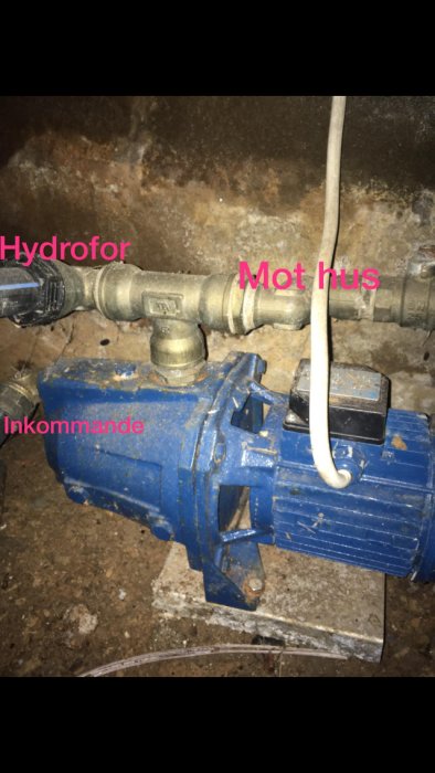 Blå pump och rörinstallation med etiketter för hydrofor, hus och inkommande linje.