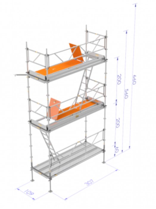 3D-modell av byggställning med måttangivelser, två orange plattformar och inga diagonaler.