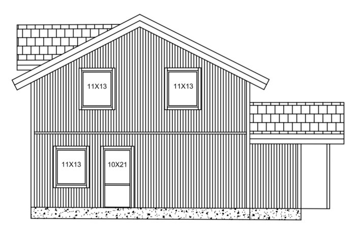 Fasadritning av ett hus med symmetriskt placerade fönster och detaljerade måttangivelser.