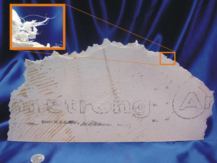 Bit av en vinylmatta med asbestkartong, detaljbild av fibrer, på en blå bakgrund med en myntreferens.