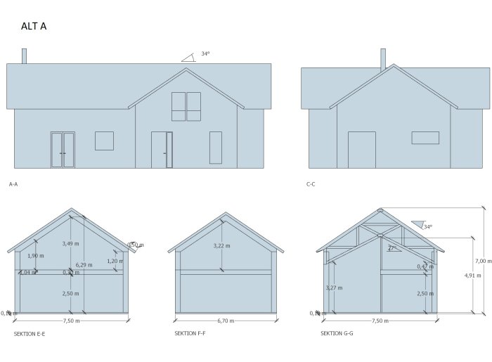 Arkitektoniska ritningar av ett hus med alternativ A för takkonstruktion, inklusive fasadvy och sektioner med mått.