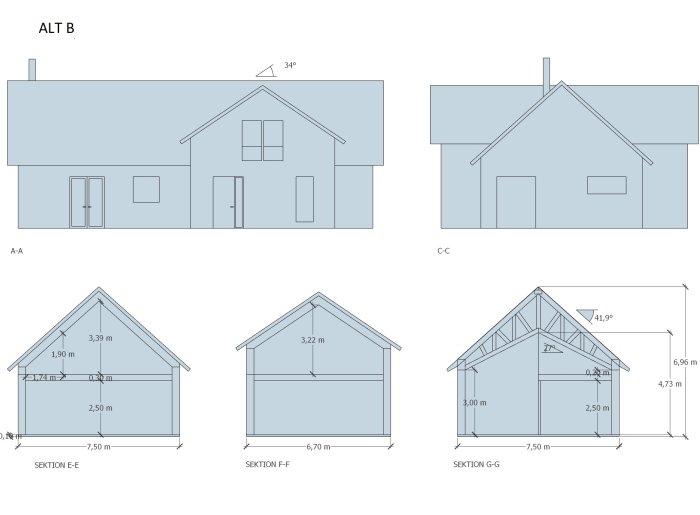 Arkitektritningar av en husgavel, "ALT B", med mått och olika sektioner för byggprojektet.