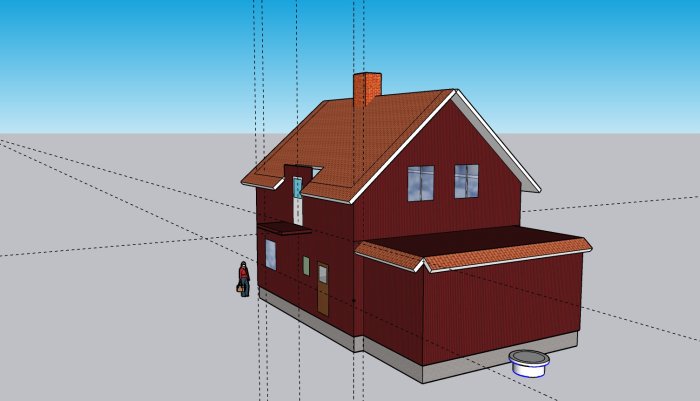 3D-skiss av röd villa med tänkt utbyggnad och balkong i ett ritprogram.