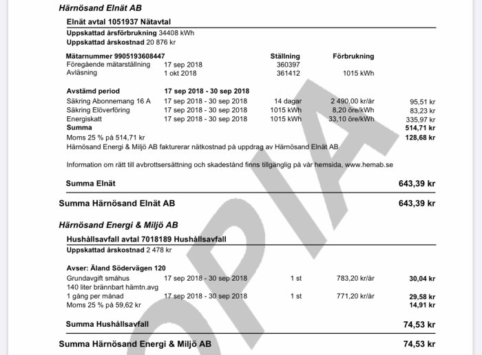 Bild av en energifaktura med detaljerad information om elförbrukning och kostnader för en fastighet.