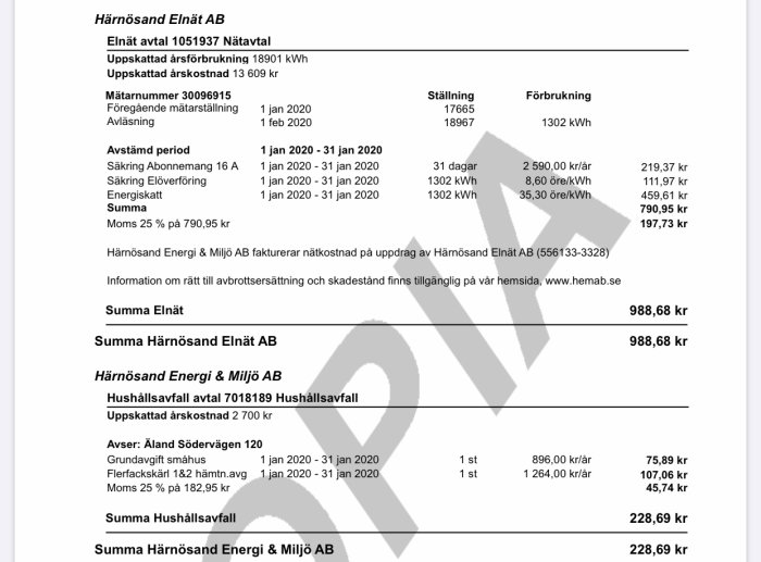 Bild av en elräkningsfaktura som visar förbrukning och kostnader för energi och hushållsavfall.