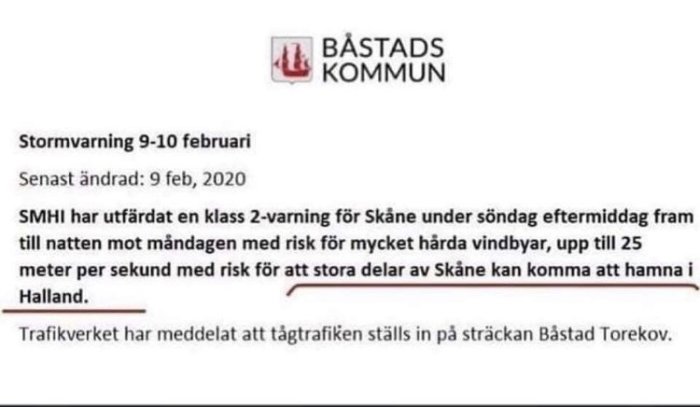 Skärmbild av en stormvarning för Båstads kommun med SMS varning för hårda vindar i Skåne.