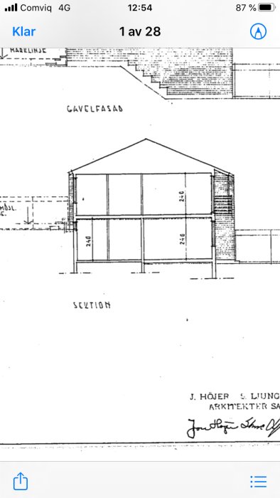 Arkitektritning av radhussektion från 1961 med gavelfasad och möjlig plintgrund.